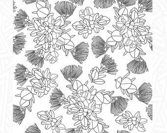 Puede incluir: Ilustración en blanco y negro de arte de línea de un patrón repetitivo de flores estilizadas. Las flores tienen una textura plumosa y están dispuestas en un patrón simétrico.