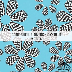 Flores de concha cónica - Azul cielo - Patrón de concha marina - Patrón sin costuras para sublimación - Patrón sin costuras de concha hawaiana - Impresión de tela PNG