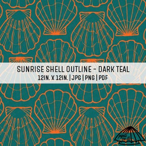 May include: Dark teal background with a repeating pattern of orange seashell outlines. The text "SUNRISE SHELL OUTLINE - DARK TEAL 12IN. X 12IN. | JPG | PNG | PDF" is displayed in a white banner across the image. The image is a seamless pattern.