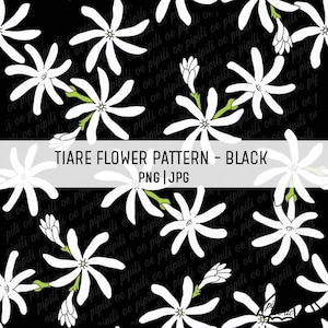 Könnte beinhalten: Ein nahtloses Schwarzweißmuster mit weißen Tiare-Blumen auf schwarzem Hintergrund. Das Muster wiederholt sich über das gesamte Bild. Der Text "TIARE FLOWER PATTERN - BLACK PNG | JPG" wird in einem weißen Rechteck oben im Bild angezeigt.