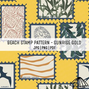 May include: A repeating pattern of postage stamp designs on a yellow background. Each stamp features a different beach-themed illustration in shades of brown, green, and blue. The text "FOREVER HAWAII" is visible on some stamps, and the text "BEACH STAMP PATTERN - SUNRISE GOLD" is also present.