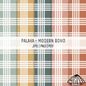 May include: A digital paper set featuring a modern boho plaid pattern in various colors. The color palette includes shades of green, gold, gray, and coral. The text "PALAKA - MODERN BOHO" is displayed, along with file type information.