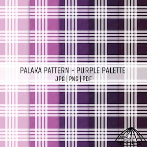 May include: A digital design featuring a plaid pattern in shades of purple and white. The text "PALAKA PATTERN - PURPLE PALETTE" is displayed, along with file type options: JPG, PNG, and PDF. The design showcases a repeating grid-like structure.