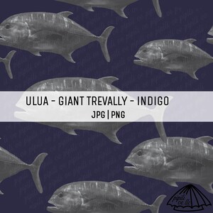 Ulua - Giant Trevally Pattern - Indigo - Seamless Repeating Pattern for Sublimation - Hawaii Fish Pattern for Custom Fabric - Background PNG
