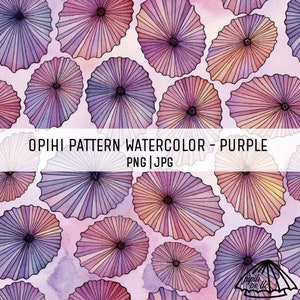 May include: A watercolour pattern with fan-shaped designs in purple, pink, and orange hues. The design is set against a soft, watercolour-textured background. The image includes the text "OPIHI PATTERN WATERCOLOR - PURPLE PNG | JPG".