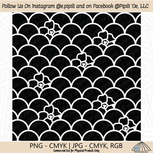 Puakenikeni Flower and Scales Seamless Repeating Pattern - Black Background - Hawaiian Repeating Pattern - Hawaii Flower Seamless Repeat PNG
