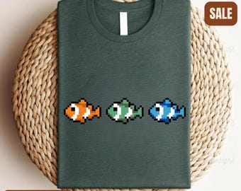Gaming Pixel Fish Shirt Video Game Fans Gamer Streamer Tshirt Gift for Dad Mom Son Daughter Grandson Group Family Mix and Match Tees Gifts