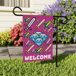 Mine Gaming Banner Diamond Swords Wall Art Garden House flag Indoor Outdoor Wall Decor Gaming Decor Video Game Gift Girl bed Game Room Decor