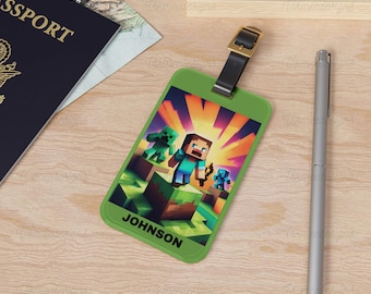 Personalized Mine Steve Creeper Gaming Luggage Tags Gift Backpack Bag Custom Name Tags For Bags Backpacks ID Tag Boys Luggage Tag Travel ID