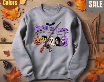Funny Halloween Youth Fishing Sweatshirt Halloween Fisherman Pullover Gift Spooky Crewneck Jumper Fishing Humor Gift For Kids Son Grandson
