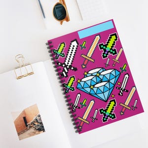 Mine Gaming Diamond Swords Spiral Notebook  Pixel Art Game Lover's Journal Gaming Notebook Back to School Supplies Gift for Gamer Stationery
