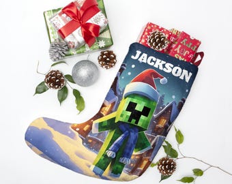 Personalized Mine Gaming Creeper Christmas Stockings craft Custom Gamer gift Holiday Sock Gamer Stocking Stuffer Video Game lover Xmas gift