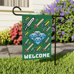 Mine Gaming Banner Diamond Swords Wall Art Garden House flag Indoor Outdoor Wall Decor Gaming Decor Video Game Gift Boy bed Game Room Decor