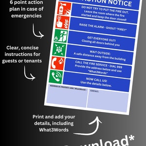 Pode incluir: Aviso de ação contra incêndios em PDF imprimível com um design azul e branco. Inclui um plano de emergência de 6 pontos com instruções e ícones. Contém instruções como "Dê o alarme - Grite 'FOGO!!'" e "Ligue para o 999".