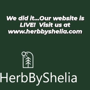 Puede incluir: Un fondo verde con texto blanco que dice "We did it...Our website is LIVE! Visit us at www.herbbyshellia.com". Debajo del texto hay un logotipo blanco de un árbol con un sol encima. Debajo del logotipo está el texto "HerbByShellia" en blanco.