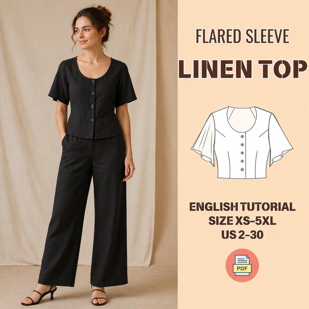 Flared Sleeve Linen Top Sewing Pattern PDF – Scoop Neck Buttoned Blouse ...