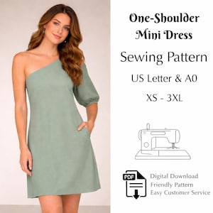 May include: A light green one-shoulder mini dress with a single short sleeve and a pocket. The image includes text that reads "One-Shoulder Mini Dress Sewing Pattern" and "XS - 3XL". A sewing machine illustration and a PDF icon are also present.