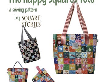 Happy Squares Tote Bag Sewing Pattern: Three Sizes/multiple options (Digital Download)