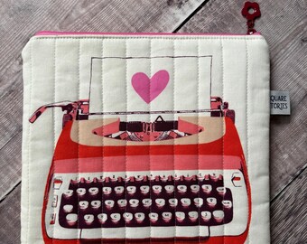 Quilted Zipper Pouch with retro typewriter