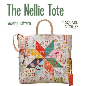 May include: The Nellie Tote sewing pattern by Square Stories. The tote bag is made of colorful patchwork fabric with a wooden handle and a long strap. The pattern includes instructions for extra large and jumbo versions, plus a mini coin purse.