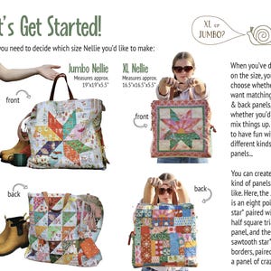 Op de afbeelding: De afbeelding toont twee gewatteerde draagtassen, de Jumbo Nellie meet ongeveer 48x48x14 cm, en de XL Nellie, ongeveer 42x42x14 cm. De tassen hebben kleurrijke patchwork-ontwerpen met ster- en driehoekpatronen. De tekst "Let's Get Started!" staat bovenaan.