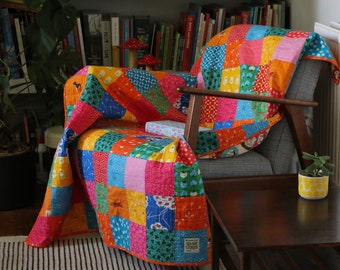 Hand made Bright Rainbow Patchwork Quilt Sofa Snuggle size