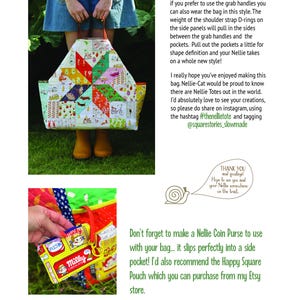 Op de afbeelding: Een kleurrijke patchwork tote bag met een stervormig ontwerp, met verschillende stofpatronen en kleuren. De tas heeft bruine handvatten en zijzakken. De tas wordt vastgehouden door een persoon die een spijkerbroekrok en gele laarzen draagt.