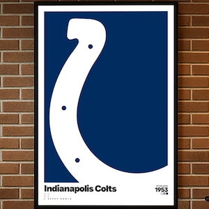 Puede incluir: Póster enmarcado con el logotipo de los Indianapolis Colts, una herradura blanca sobre un fondo azul marino. El nombre del equipo y el año de fundación, 1953, están en texto blanco en la parte inferior. El póster está sobre una pared de ladrillos.