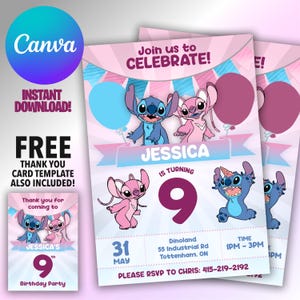 Stitch and Angel Birthday Invitation: Editable & Printable Template – Beautiful Invitation for Your Little One's Birthday, Editable in Canva