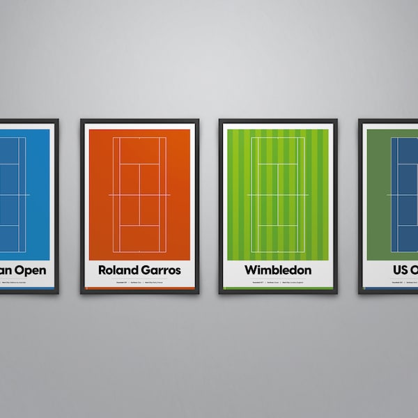 Grand Slam Tournament Art Set Of 4, Tennis Poster Prints, Australian Open Print, Wimbledon Poster, US Open