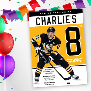¡Invitación de cumpleaños de Sidney Crosby! ¡Ideal para eventos sociales! ¡Imprimir o enviar por correo! Entrega rapidísima. Invitación de cumpleaños de Sidney Crosby, hockey.