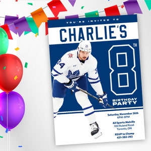 Invitation anniversaire Auston Matthews ! Parfait pour les réseaux sociaux, impression ou email ! Livraison ultra rapide, anniversaire Auston Matthews Hockey, invitation hockey