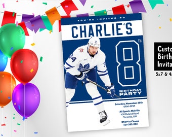 Invitation anniversaire Auston Matthews ! Parfait pour les réseaux sociaux, impression ou email ! Livraison ultra rapide, anniversaire Auston Matthews Hockey, invitation hockey