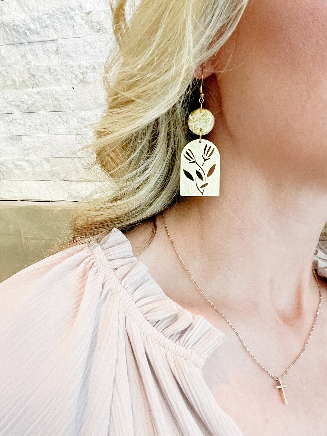 Gold Foil Polymer Clay Dangles With Brass Floral Accent / Nickel Free