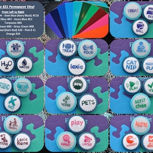 May include: A set of 20 round, blue and white vinyl stickers with various images and text. The stickers are arranged in a grid pattern on a purple and blue background. The text on the stickers includes words like "treat", "food", "play", "friend", "water", "puzzle", "cat nip", "yes", "now", "pets", "lexie", "scritches", "tricks", "want", "later", "hungry", "all done", "andrea", and "scritiches".