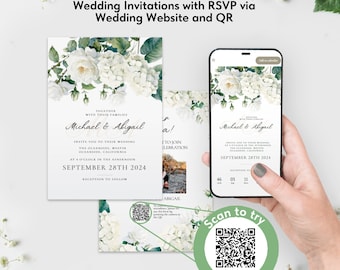 QR wedding invitation:Website + Paper Invitations with QR (RSVP),Minimalist Invitation’s set with Website and Paper,Hydrangea Wedding Invite