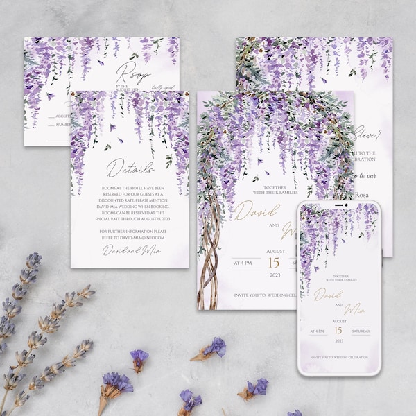 Wisteria Hochzeitseinladungsvorlagen-Set, digitale Einladungsvorlage, lila Hochzeitseinladung, sofortiger Download