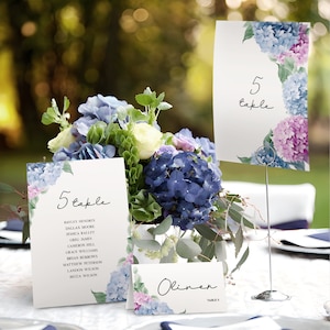 Modelo de cartão de assento de casamento de hortênsia e modelo de cartão de lugar, cartão de assento de mesa, cartão de nome de casamento, download digital