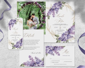 Lilac Wedding Invitation Template Set, Digital Invitation Template, Purple Wedding Invite, RSVP, Details, Instant Download