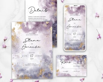 Purple Wedding Invitation Template Set, Digital Invitation Template, Purple Wedding Invite, RSVP,Details, Editable Template,Instant Download