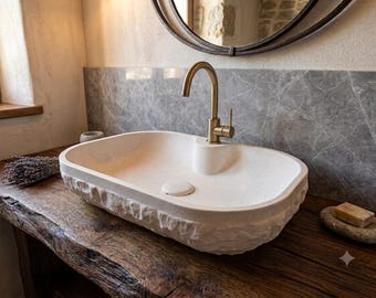 White Limestone Sink with Hidden Drain, Chiseled Rock Face Stone Vessel Basin, Rustic Bathroom Vanity Sink, Organic Modern Washbasin