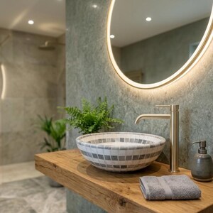Round Marble sink, Mosaic Tile Pattern, Handmade Stone Vessel Sink for Bathroom Vanity