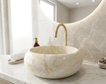 Calacatta Gold Marble Sink, Natural Stone Sink Vanity, Countertop Bathroom Basin