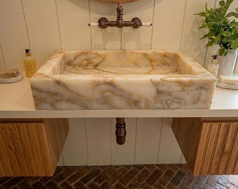 Calacatta Goldmarmor Waschbecken, handgeschnitztes Steingefäß, moderne Eitelkeit