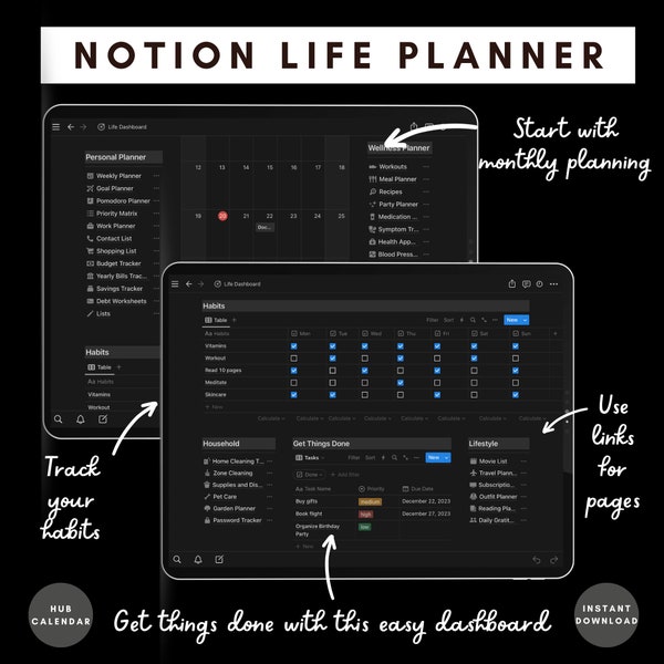 Notion ADHD Life Planner, Notion ADHD Template, Dark Mode, Chunking Planner, Focus Task Management, Goal Tracking