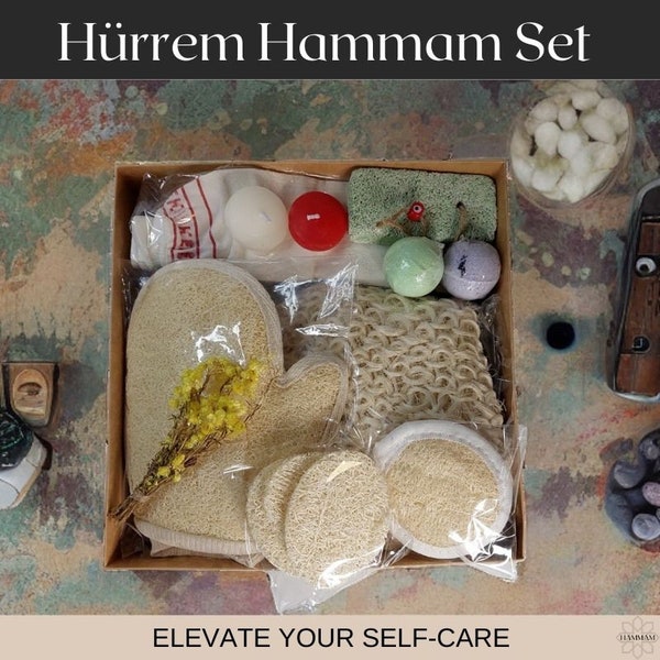 Hürrem Bath Set Authentic Hammam SPA 12 Pieces Silk Face & Body Gloves Loofah Back Scrub Mitt Bath Bombs Floating Candles Luxury Gift Set