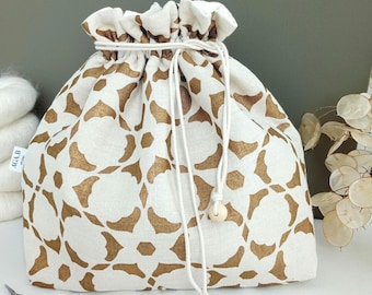 Large Linen Knitting Project Bag with Drawstring | Crochet Project Bag Organizer | Yarn Storage Bag | Handmade Gift for Knitters