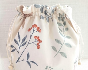 Grand sac à projets de tricot, sac de rangement pour laine à cordon, sac à tricot fait main, sac à projets brodé, cadeau pour tricoteuse (sac à projets fleuri)