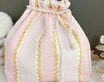 Large Linen blend Knitting Project Bag with Drawstring | Crochet Project Bag Organizer | Yarn Storage Bag | Handmade Gift for Knitters