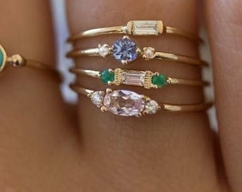 Sparkling 4-Piece Crystal Zircon Gold Ring Set for Vintage Bohemian Girls, Gold overlay, lucky green Azates emerald and moon stone, 18k gold